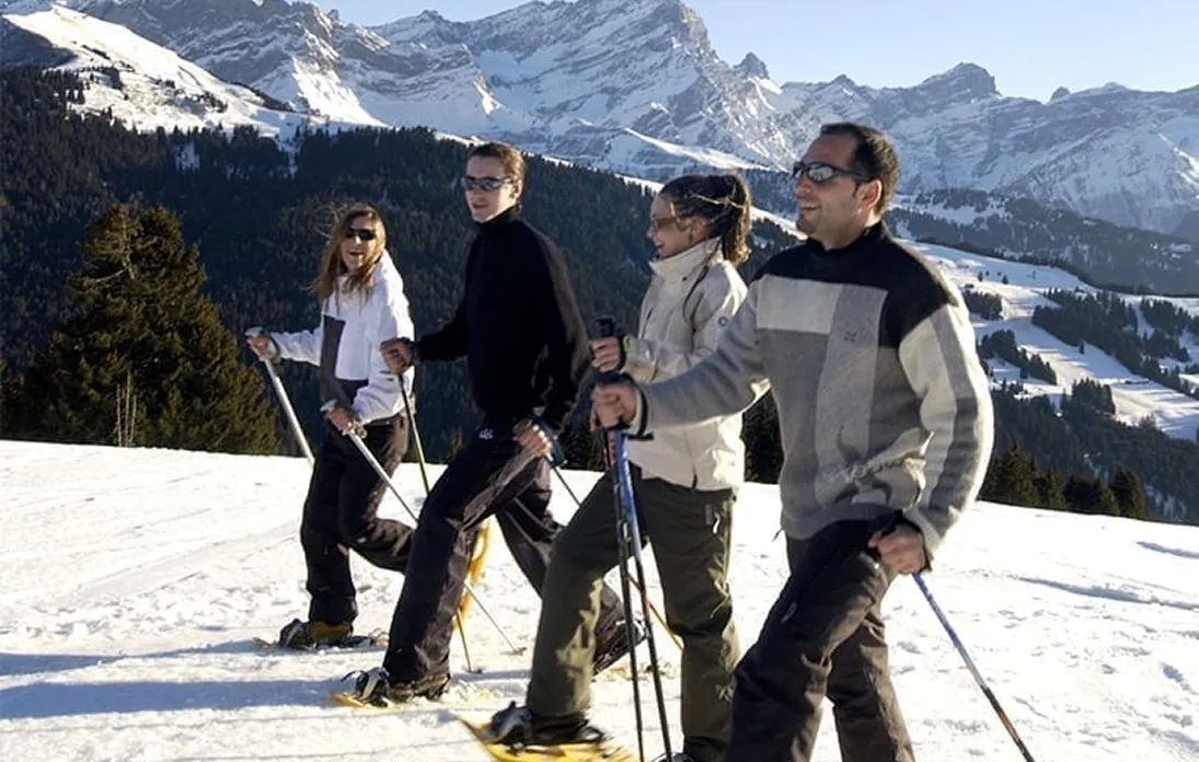 Quatre adultes portant des lunettes de soleil et des vêtements d'hiver marchent en raquettes sur la neige avec des bâtons, devant un paysage de montagnes enneigées sous un ciel bleu clair.