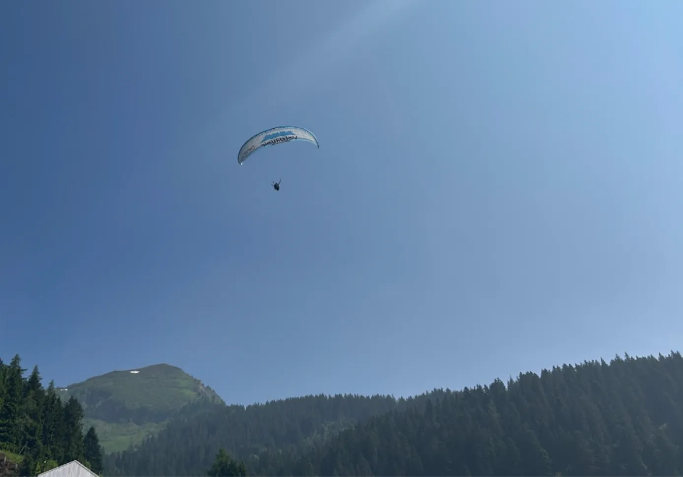 Parapente dans le ciel bleu au-dessus des forêts de montagne – activités en montagne autour de Whitepod dans le Valais