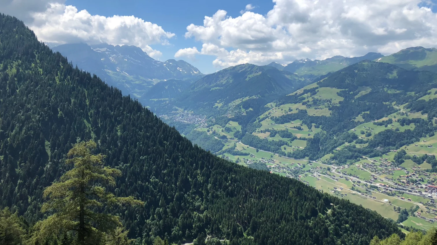 Vue panoramique d'une vallée avec des montagnes verdoyantes, des forêts denses, des prairies dispersées de maisons et un village au loin sous un ciel partiellement nuageux.