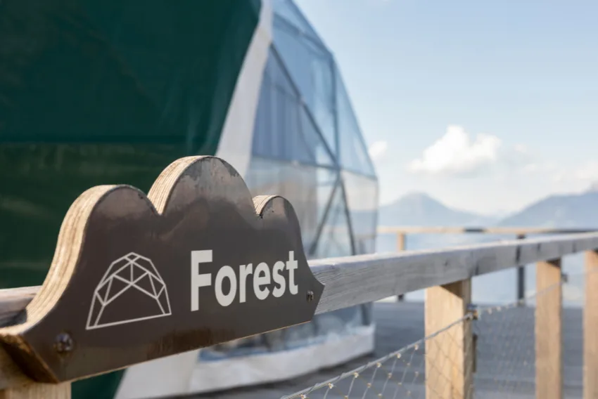 Holzschild „Forest“ am Eingang des Pods – Forest Pod Suite, Pod von Whitepod im Wallis