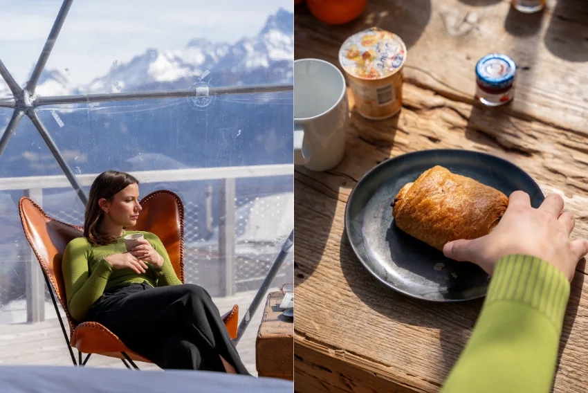 Frühstück mit Bergblick im Pod serviert – Pod Suite Schweiz, Pod von Whitepod im Wallis