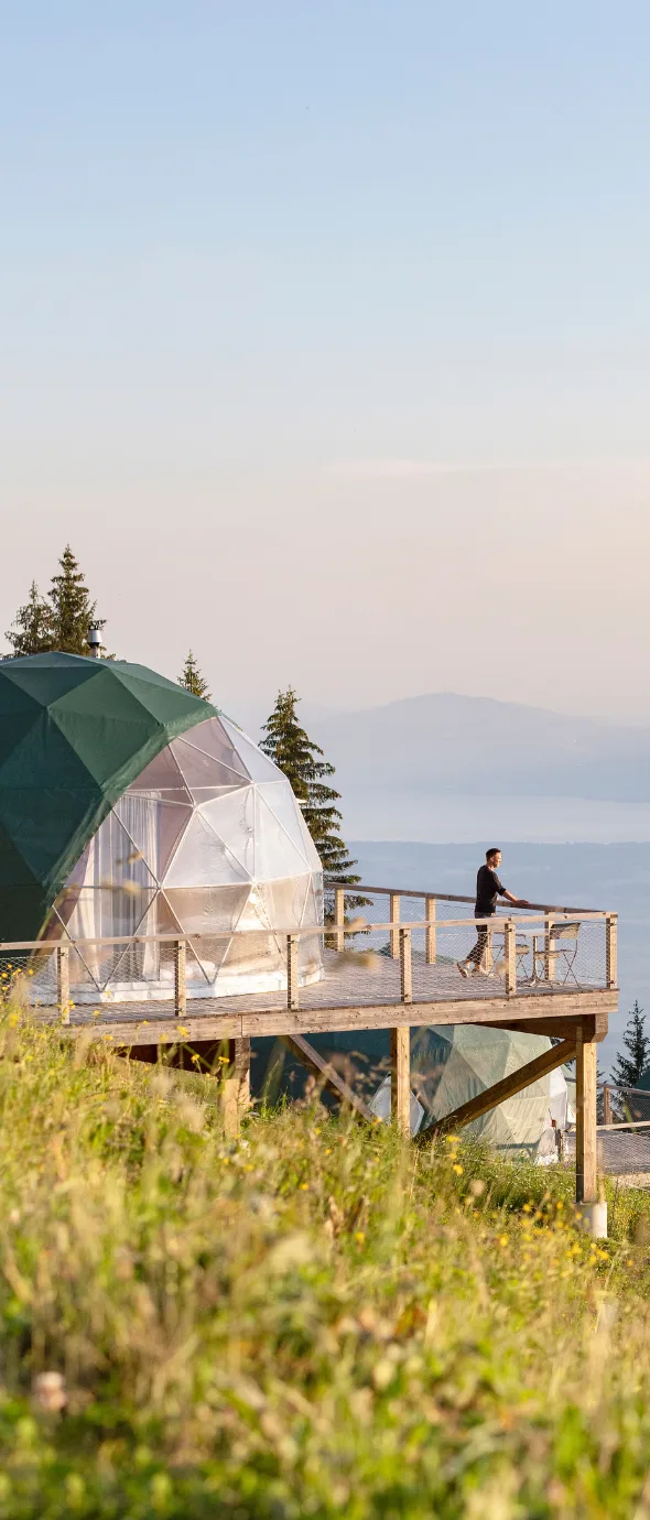 Une personne se tient sur une terrasse en bois surélevée à côté d'une unité géodésique transparente et verte, située dans un paysage naturel avec de l'herbe, des arbres et des montagnes au loin.