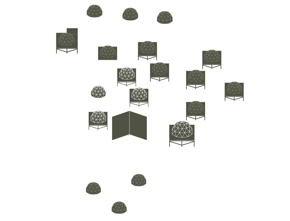 Plan d'un site montrant différentes zones de pods : Suites en haut à gauche, Deluxe Pod à gauche, Cosy Pod à droite, Family Pod en bas et Meeting Pod au centre, reliées par des sentiers blancs sur fond noir.