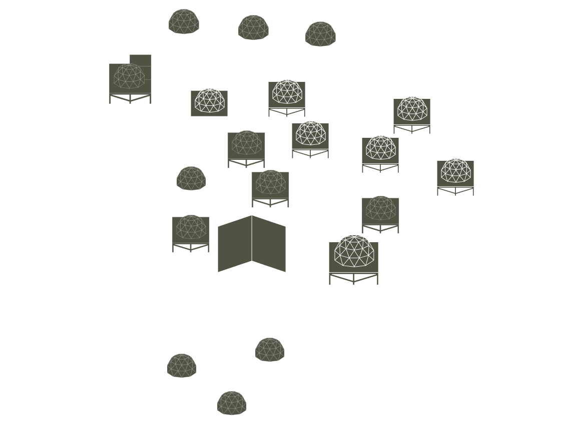 Plan montrant une disposition de plusieurs pods en forme de dôme reliés par des chemins courbes, avec des sections étiquetées Suites, Deluxe Pod, Cosy Pod, Meeting Pod, et Family Pod, et une zone centrale appelée Le Tilleul.