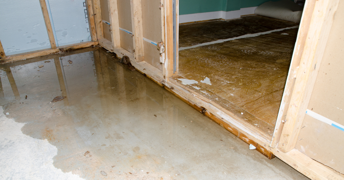 Flooded indoor concrete floor with water seeping under a wooden door frame into a room with partially removed flooring.