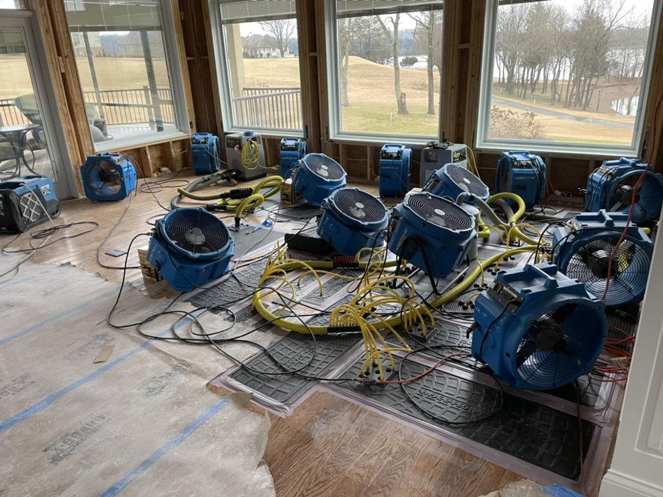 Multiple blue industrial air movers and dehumidifiers set up inside a partially finished room with large windows overlooking a yard.