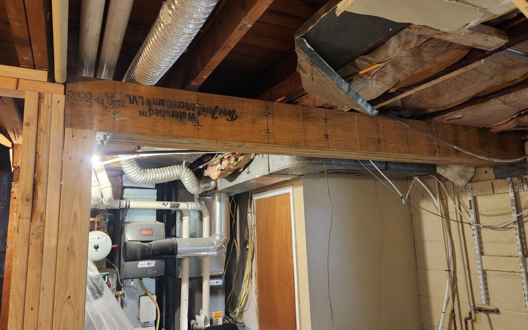 Basement ceiling with exposed wooden beams, insulation, ductwork, and pipes above a utility area with a wooden door and electronic equipment.