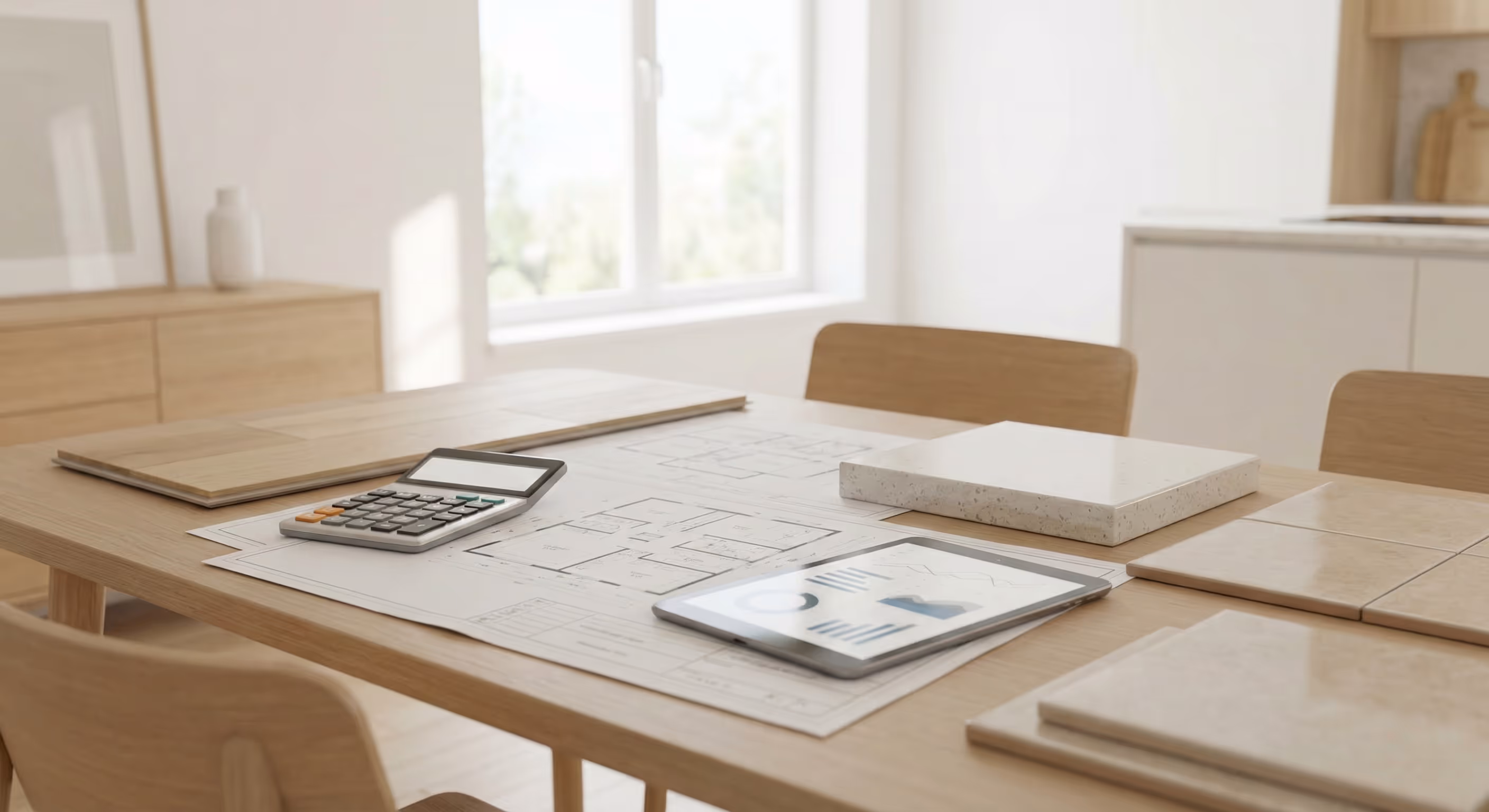 Table de planification de rénovations avec plans, calculatrice, échantillons de matériaux et tablette — illustration de la budgétisation et de la planification pour maximiser le retour sur investissement.