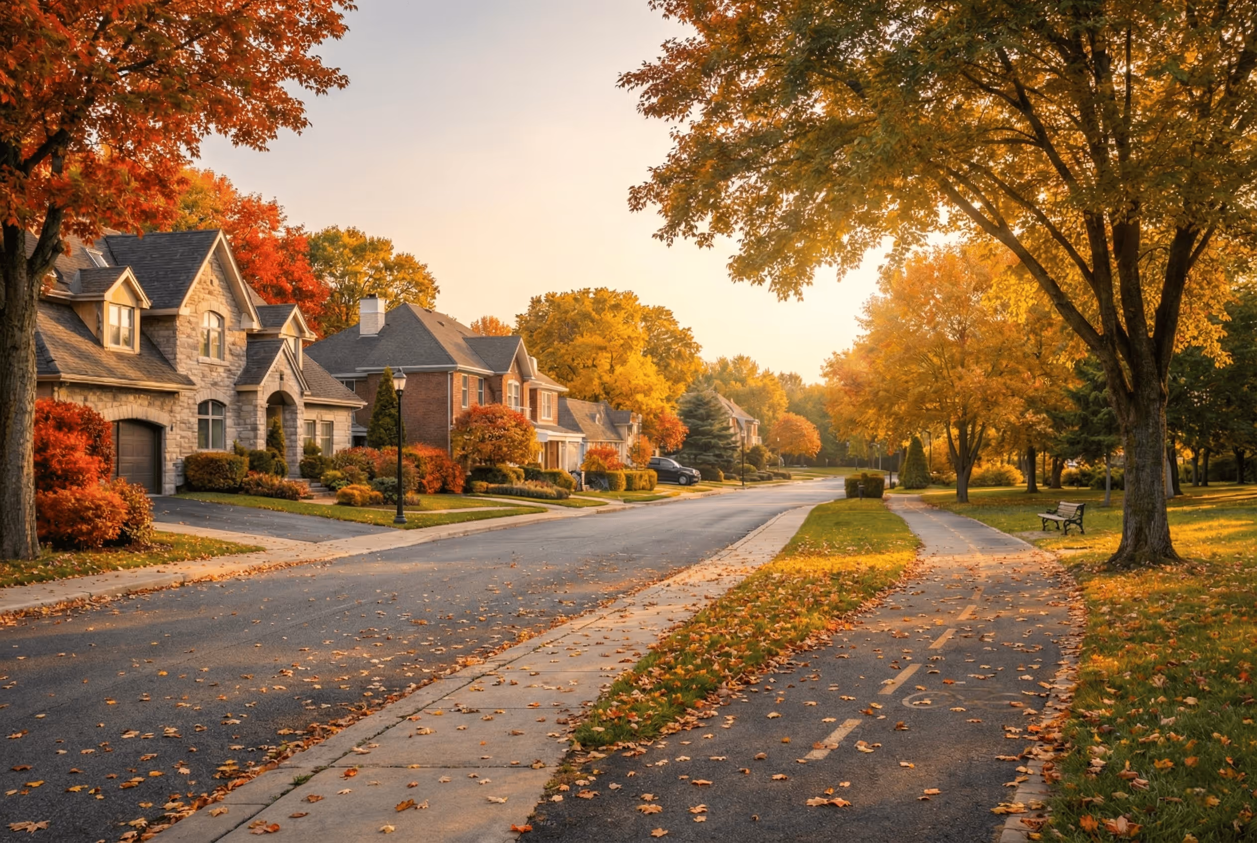 Quartier résidentiel de la Rive-Sud de Montréal avec maisons unifamiliales, arbres matures et piste cyclable en automne.