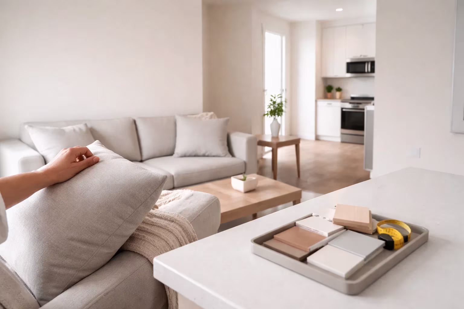 Salon lumineux avec décoration neutre et minimaliste dans un duplex mis en valeur pour la vente