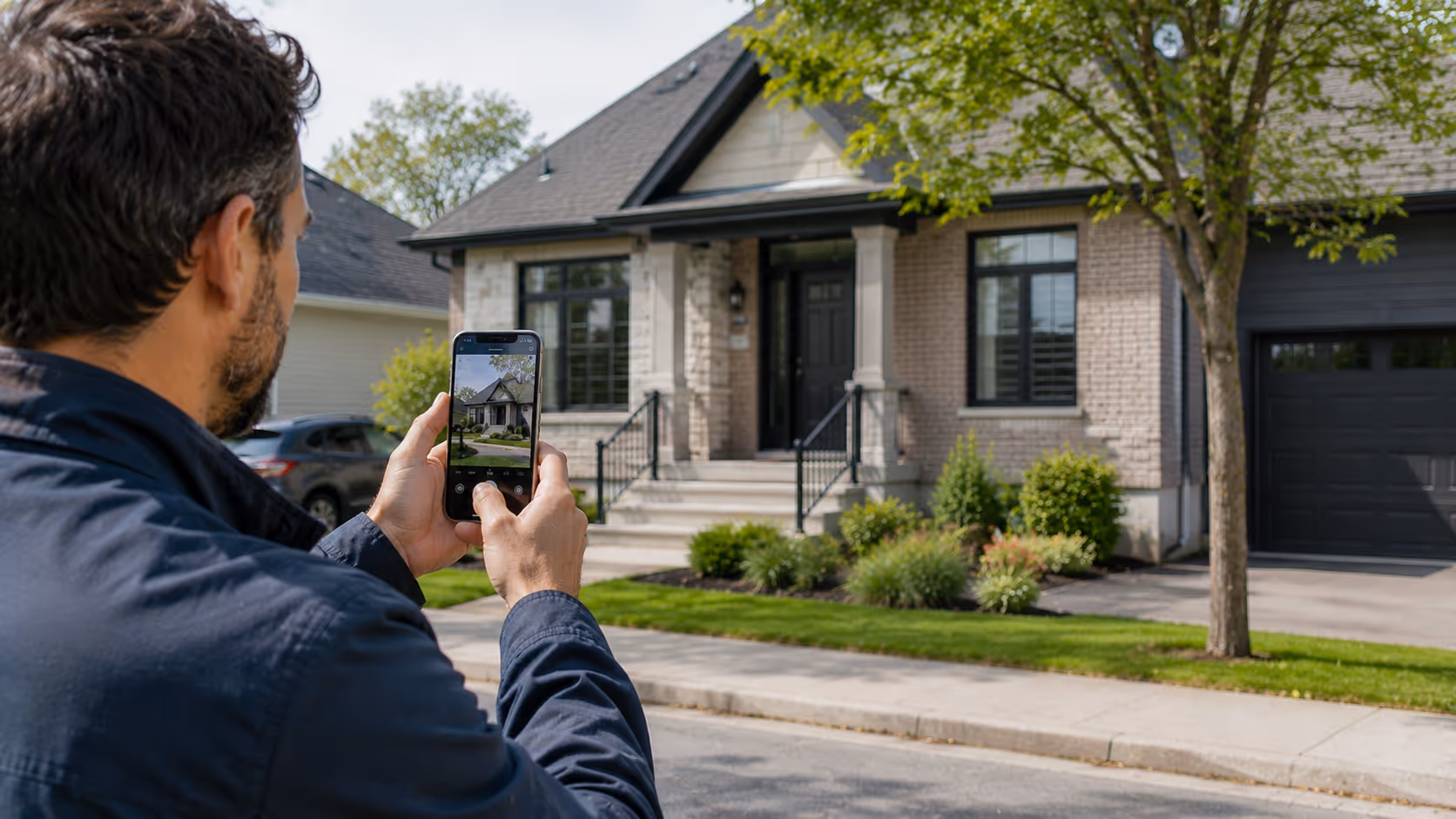 Propriétaire photographiant sa maison avec un téléphone intelligent pour une estimation immobilière