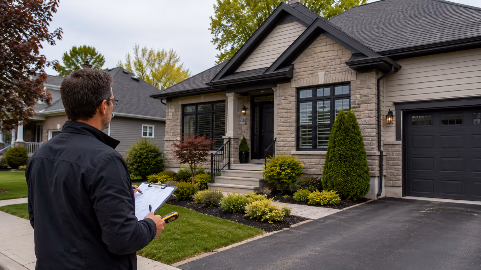 Évaluateur immobilier examinant une propriété résidentielle dans un quartier québécois