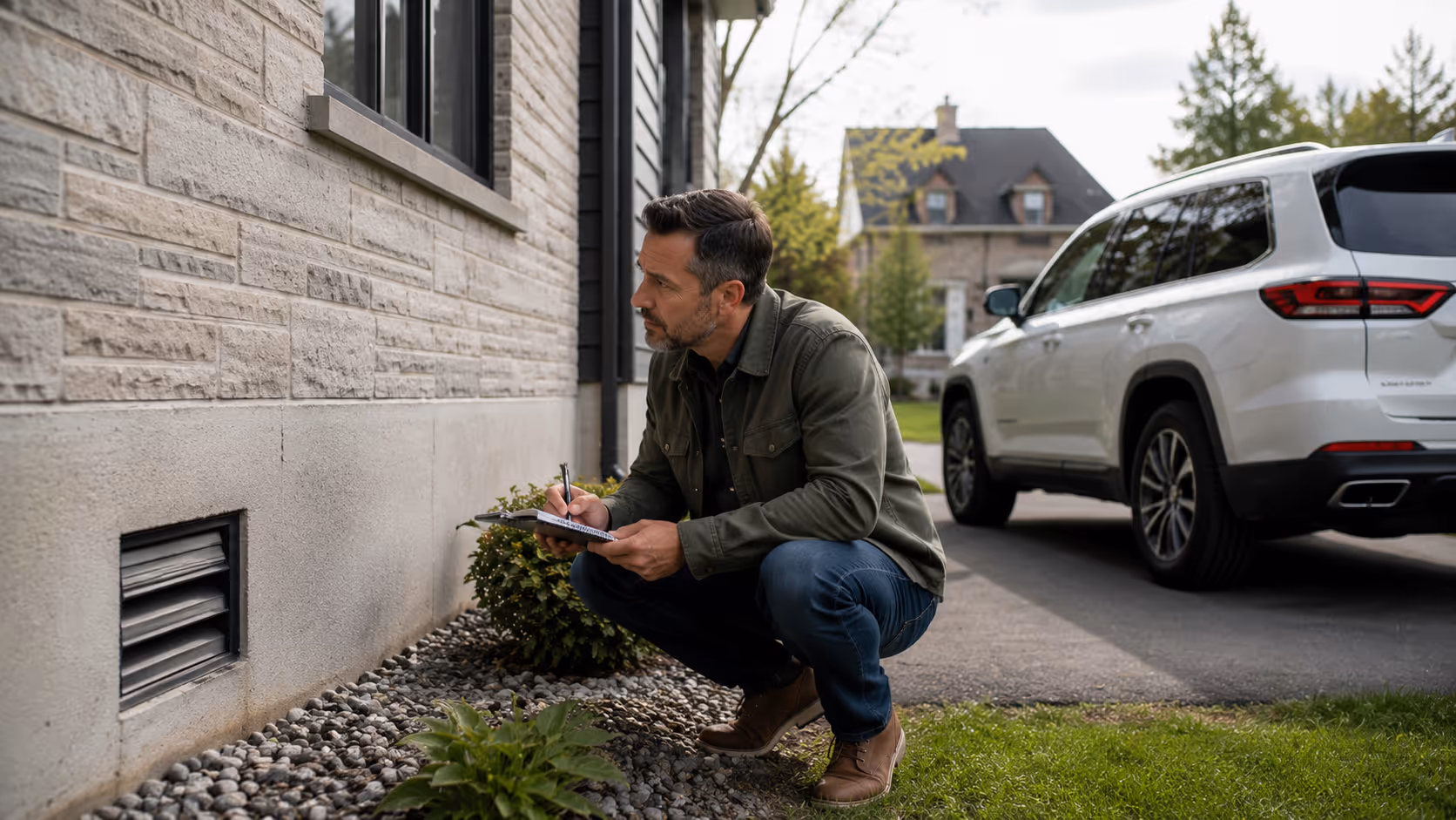 Propriétaire inspectant attentivement une maison avant un achat immobilier