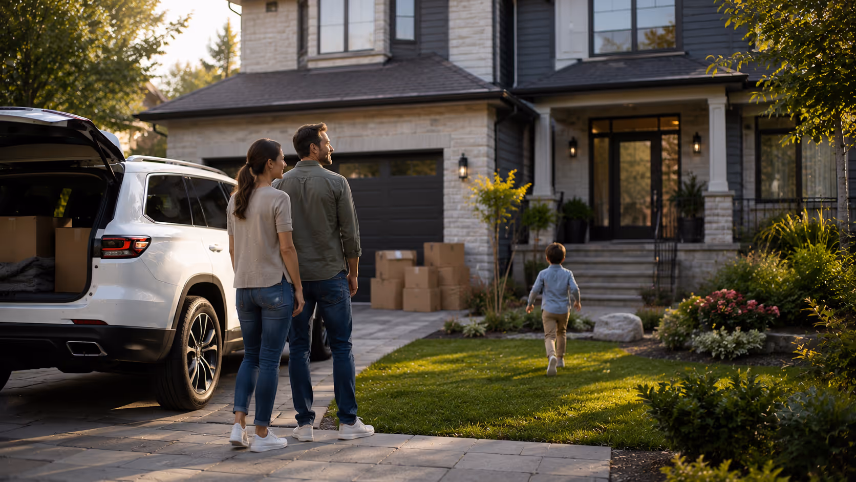 Jeune famille découvrant sa nouvelle maison dans un quartier résidentiel