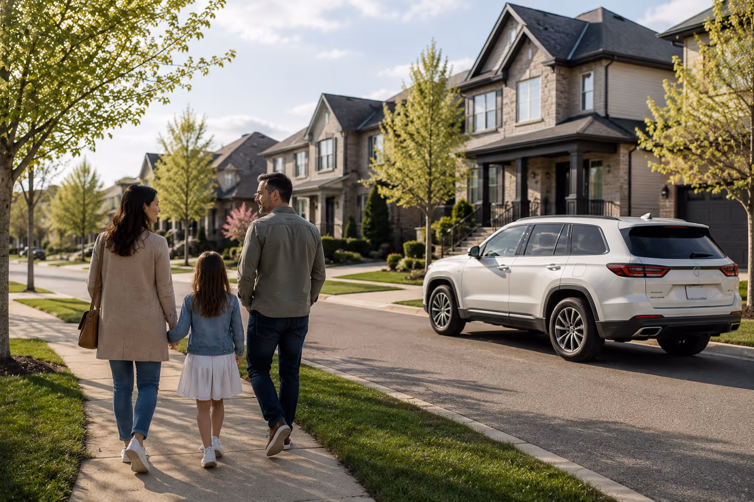 Famille découvrant un quartier résidentiel avant l'achat d'une propriété