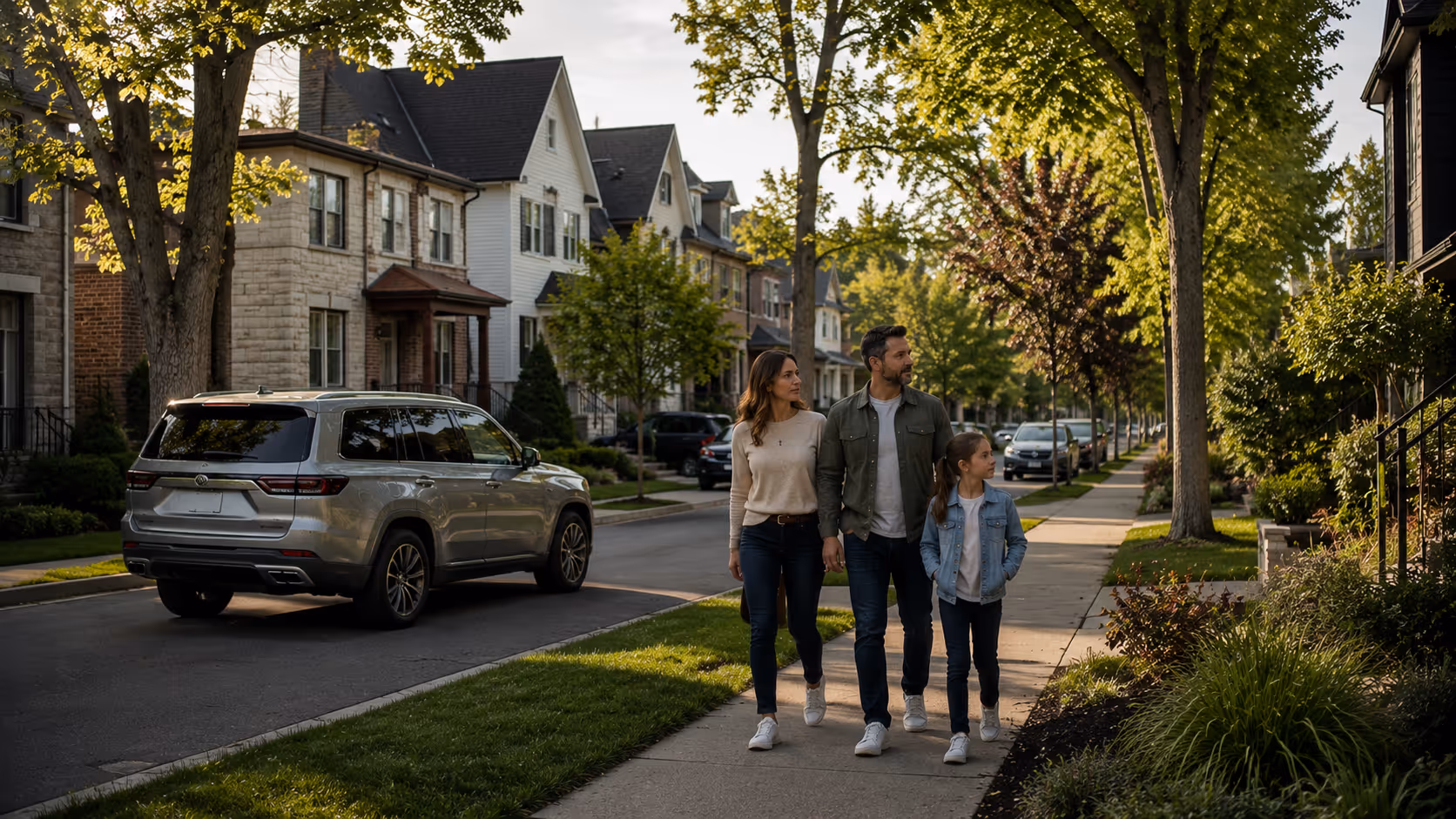 Famille explorant un quartier résidentiel pour évaluer son potentiel immobilier