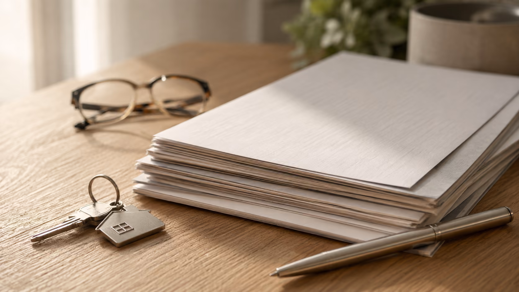 Documents de propriété et clés de maison illustrant la vérification du registre foncier avant une mise en vente lors d'une séparation