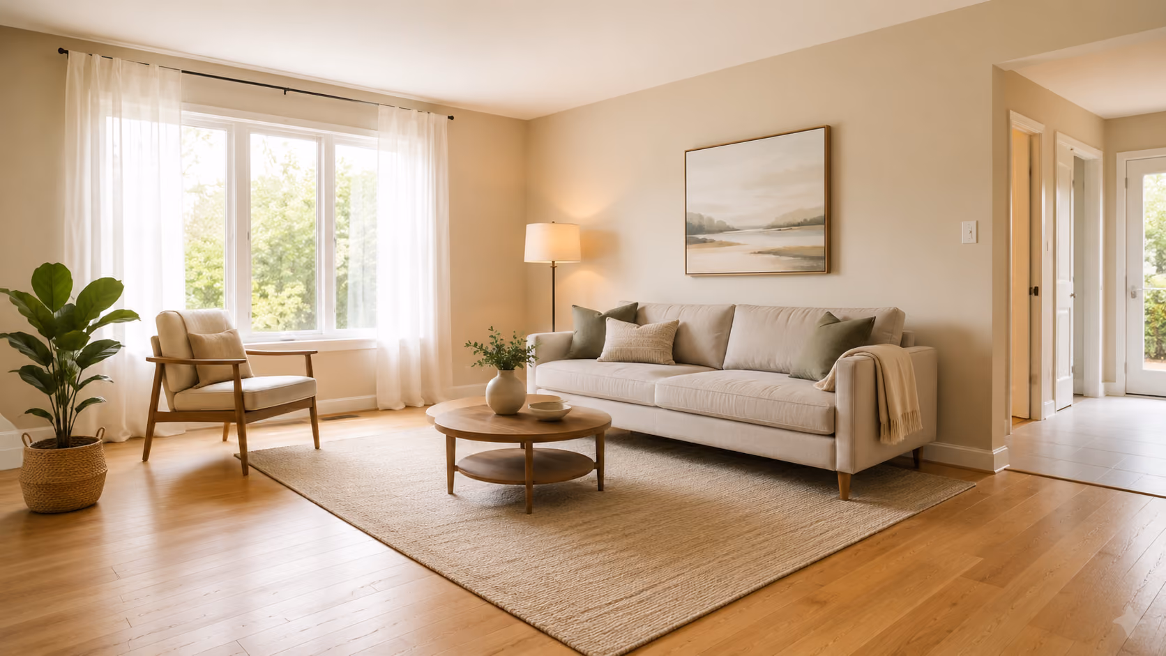 Intérieur de maison lumineux et dépersonnalisé prêt pour les visites, illustrant la préparation d'une propriété à vendre lors d'une séparation