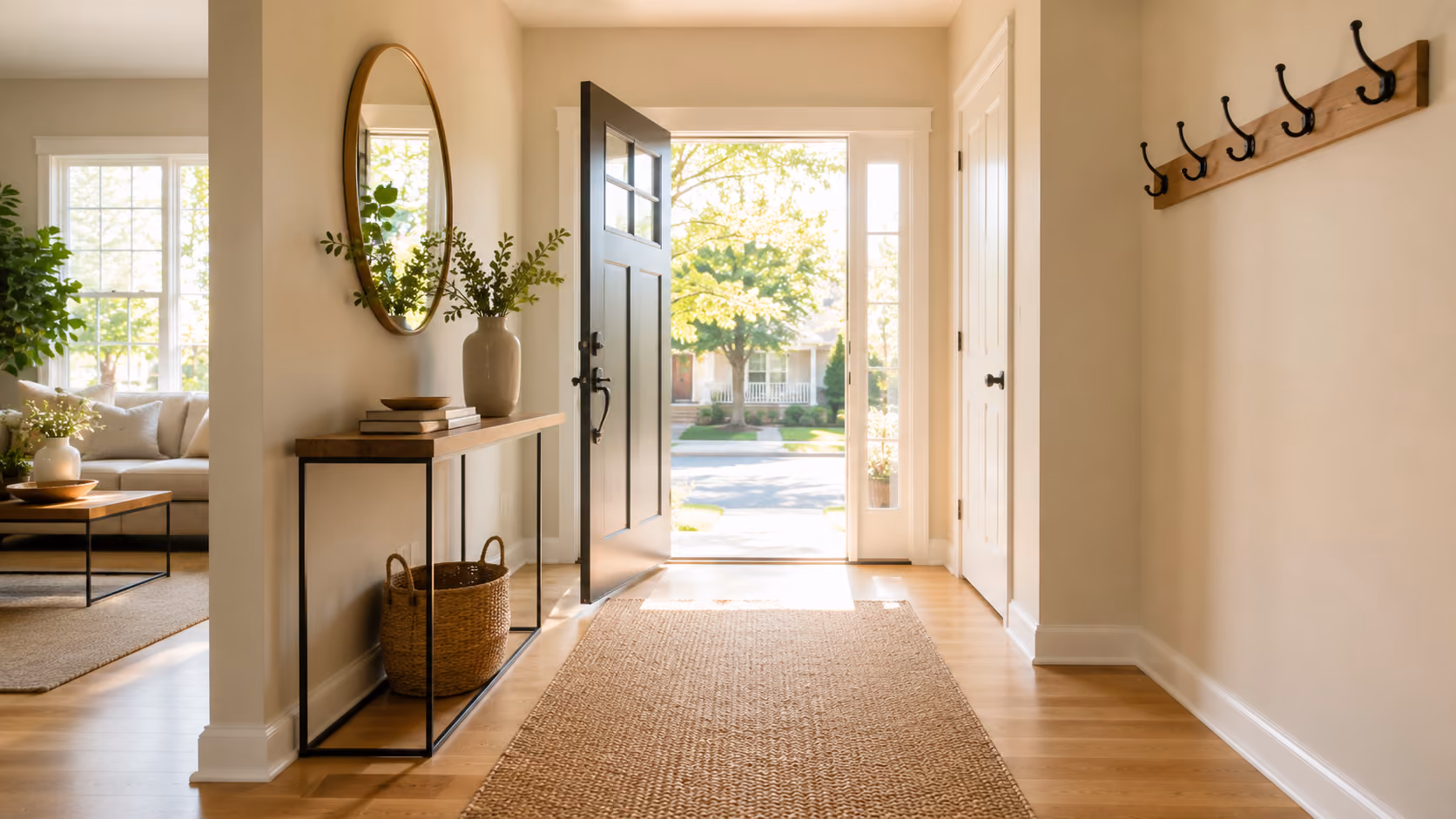 Entrée de maison lumineuse et dégagée prête à recevoir des visiteurs lors d'une visite immobilière