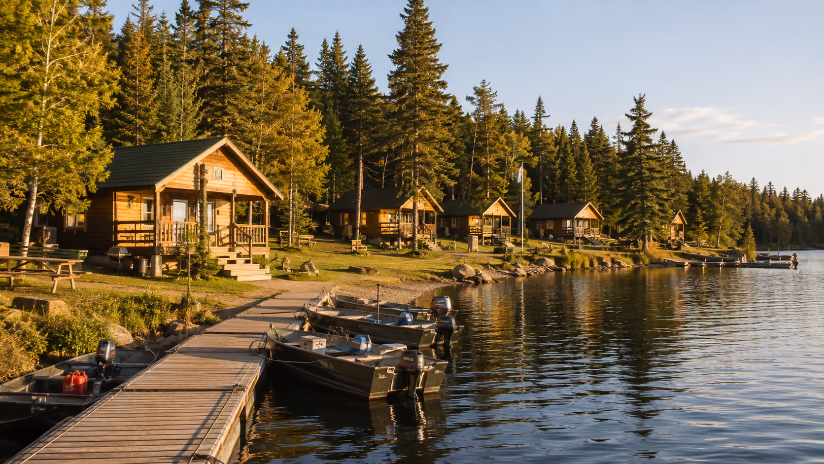 Chalets et quai d'une pourvoirie au bord d'un lac illustrant les critères qui influencent la valeur d'un établissement