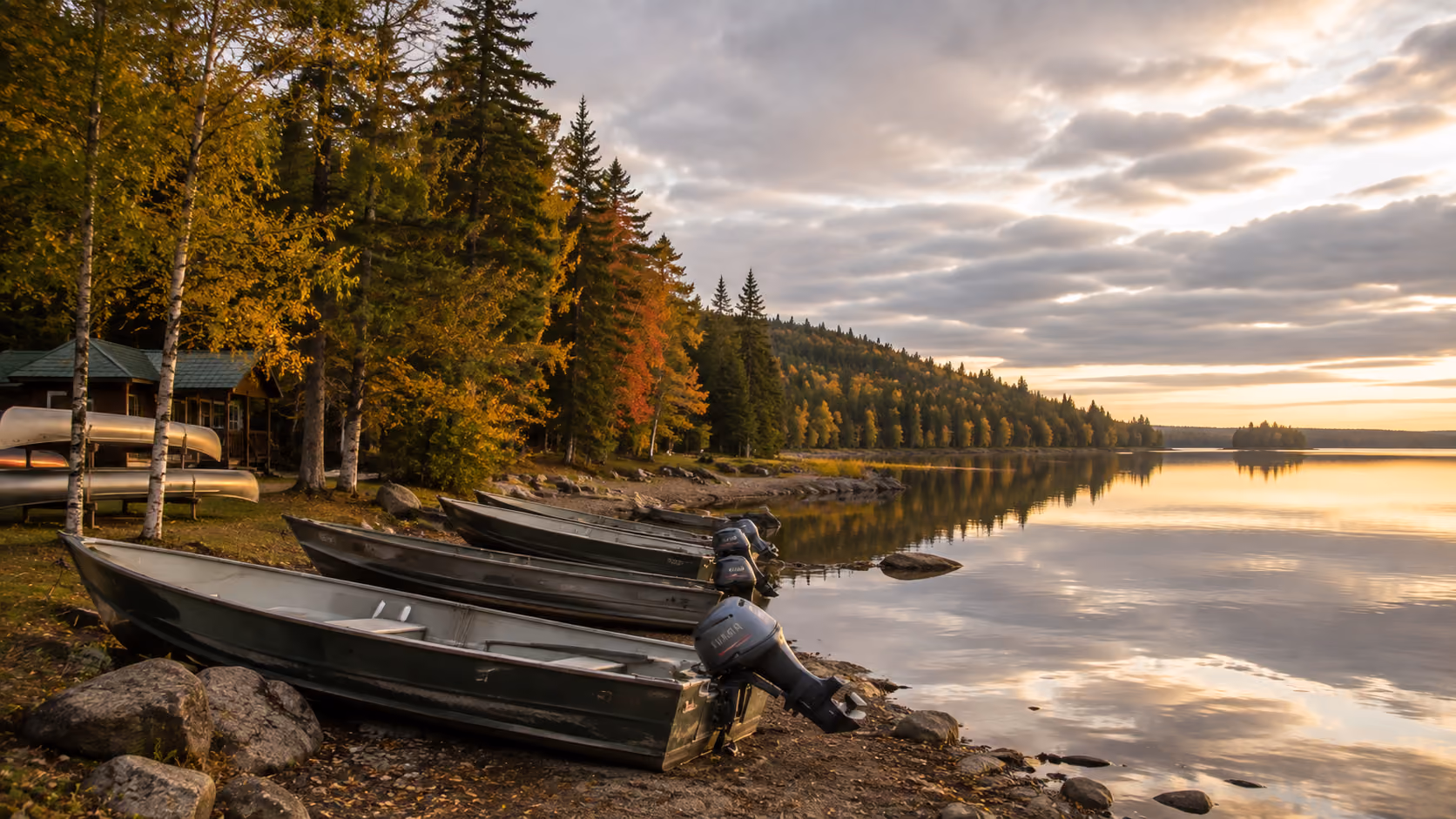 Chaloupes remisées sur la rive d'un lac de pourvoirie québécoise en automne au coucher du soleil, illustrant la fin de saison d'exploitation