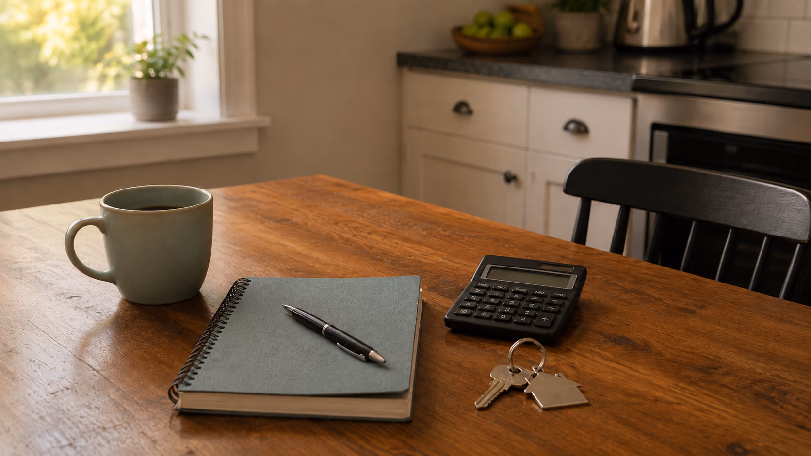 Table de cuisine avec un carnet, une calculatrice et un trousseau de clés, illustrant l'évaluation de la valeur marchande d'une propriété en succession