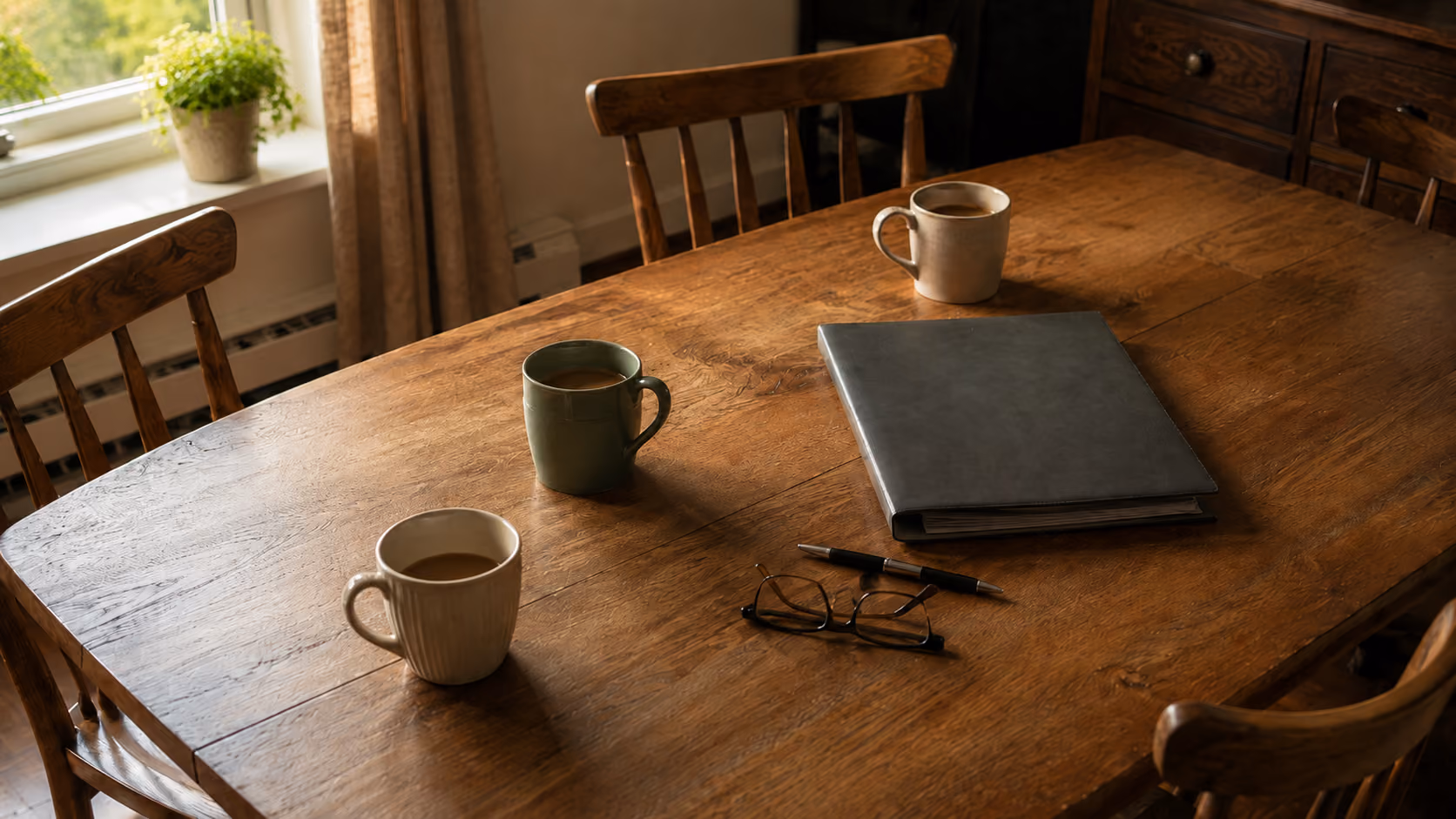 Table de salle à manger avec des documents et des tasses de café, illustrant une discussion familiale au sujet d'une succession