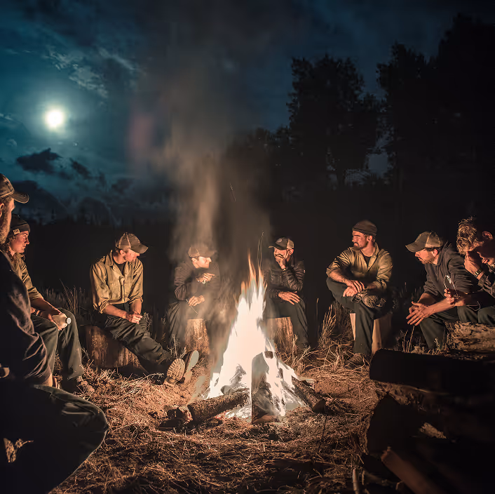 Group of wildland firefighters sharing stories, capturing the spirit of Wildfire International’s Digital Storytelling Micro-Grants program.