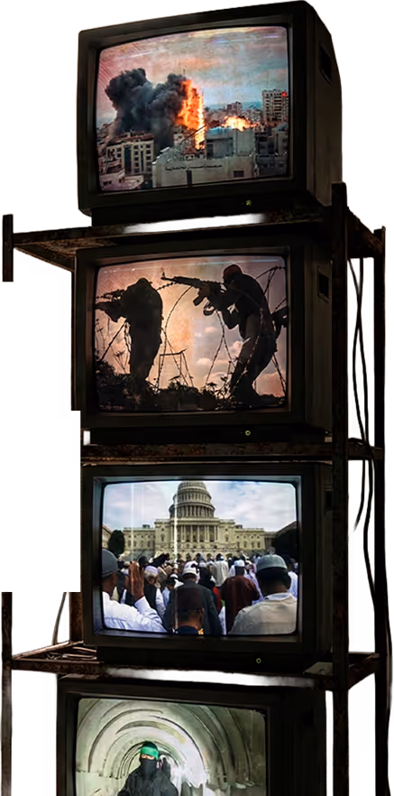 Stack of four vintage TVs showing different scenes: top - a building on fire with thick smoke, second - armed soldiers silhouetted against barbed wire, third - crowd gathered in front of a capitol building, bottom - person in tactical gear inside an arched tunnel.