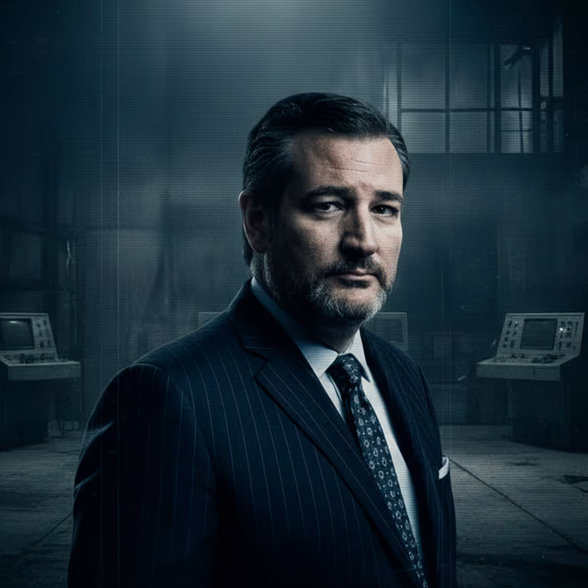 Serious older man with gray hair and beard wearing a dark suit in a dimly lit room with vintage computer equipment.