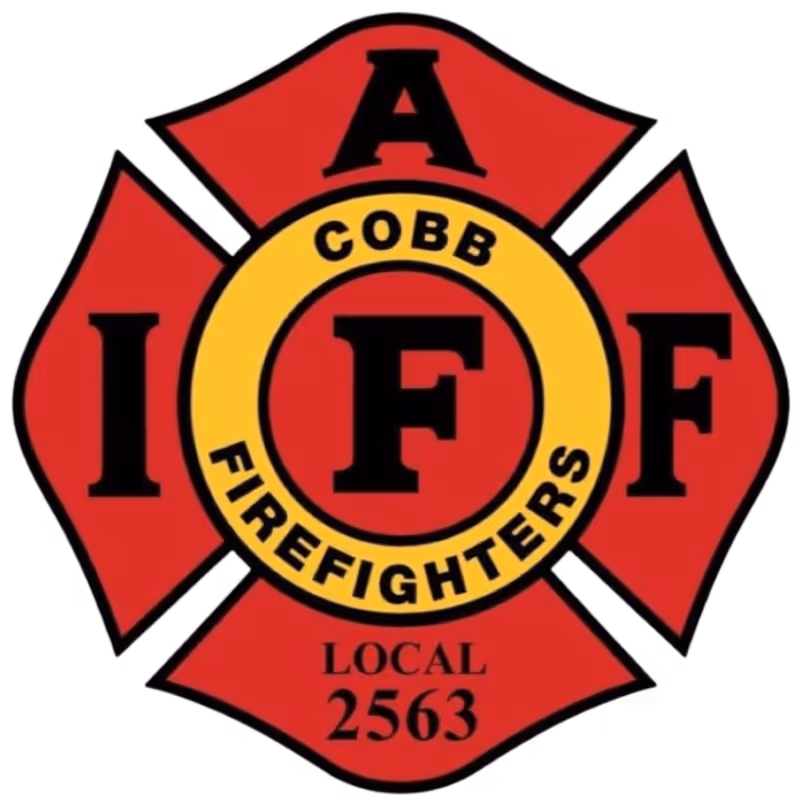 Shield-shaped emblem with letters I, A, F and the words Cobb Firefighters Local 2563 in black and red.
