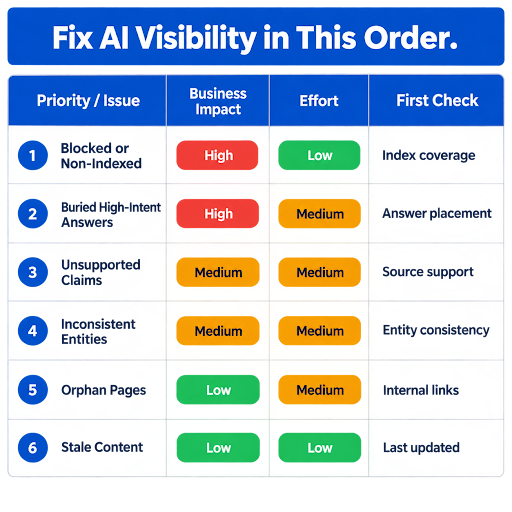 AI visibility priority matrix ranking technical SEO issues by business impact, effort, and first checks, including indexing, answer placement, source support, and entity consistency.
