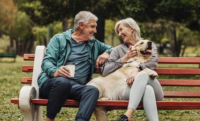 Retired couple sitting on park bench with their golden retriever in a park