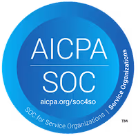 Blue AICPA SOC certification badge for Service Organizations with website aicpa.org/soc4so.