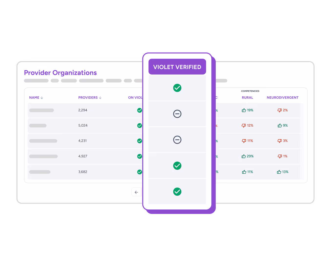 Table of provider organizations with columns for name, providers count, violet verified status, and competencies for rural and neurodivergent showing various percentages and verification checkmarks.