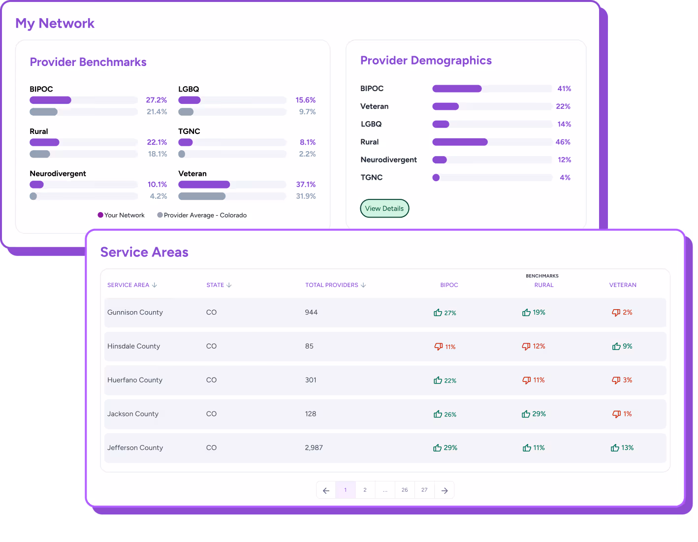 Dashboard showing provider benchmarks and demographics with bar charts for BIPOC, LGBQ, Rural, TGNC, Neurodivergent, and Veteran categories, and a service areas table listing counties in Colorado with total providers and benchmark percentages for BIPOC, Rural, and Veteran.