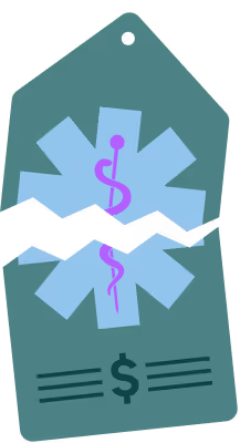 Broken price tag with medical caduceus symbol and dollar sign, representing healthcare costs.