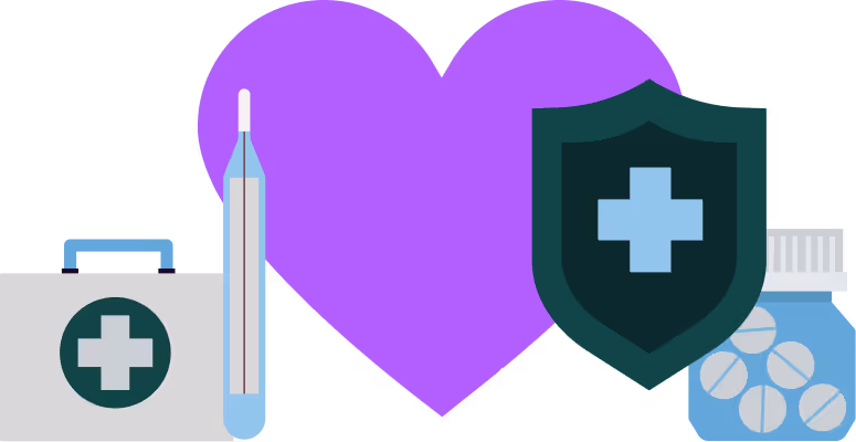 Medical icons including first aid kit, thermometer, purple heart, shield with medical cross, and bottle of pills.