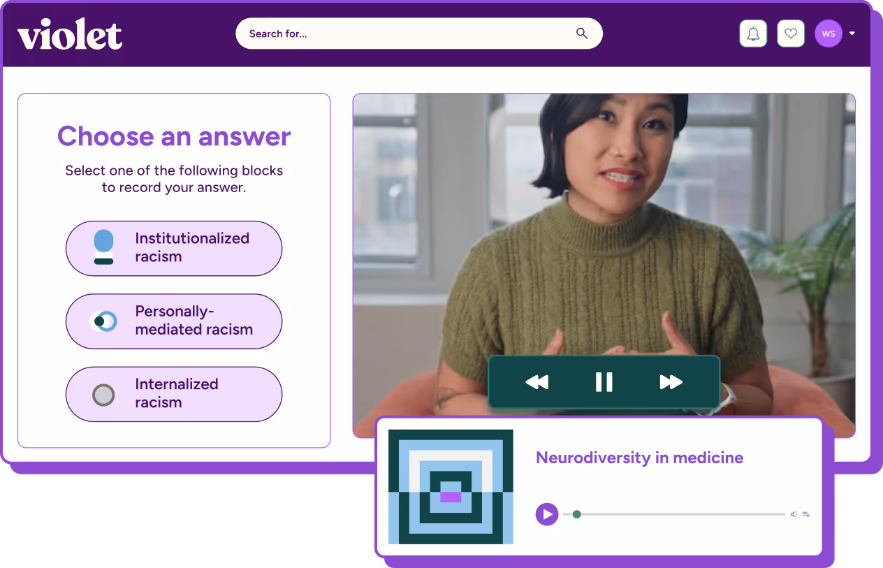 Online learning interface with a video of a woman speaking and radio buttons to select types of racism: institutionalized, personally-mediated, and internalized, with prompt to choose an answer.