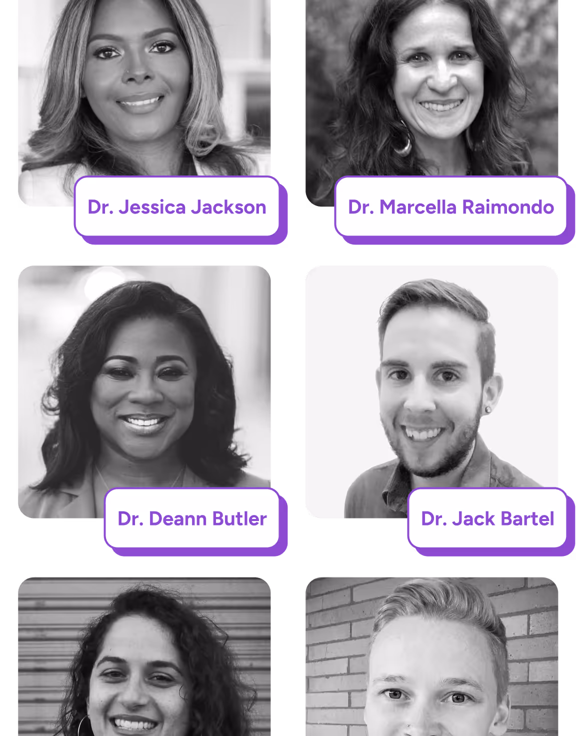 Headshots of six smiling professionals, including Dr. Jessica Jackson, Dr. Marcella Raimondo, Dr. Deann Butler, Dr. Jack Bartel, and two others, arranged in a grid.
