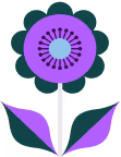 Stylized purple flower with teal leaves and stem on white background.