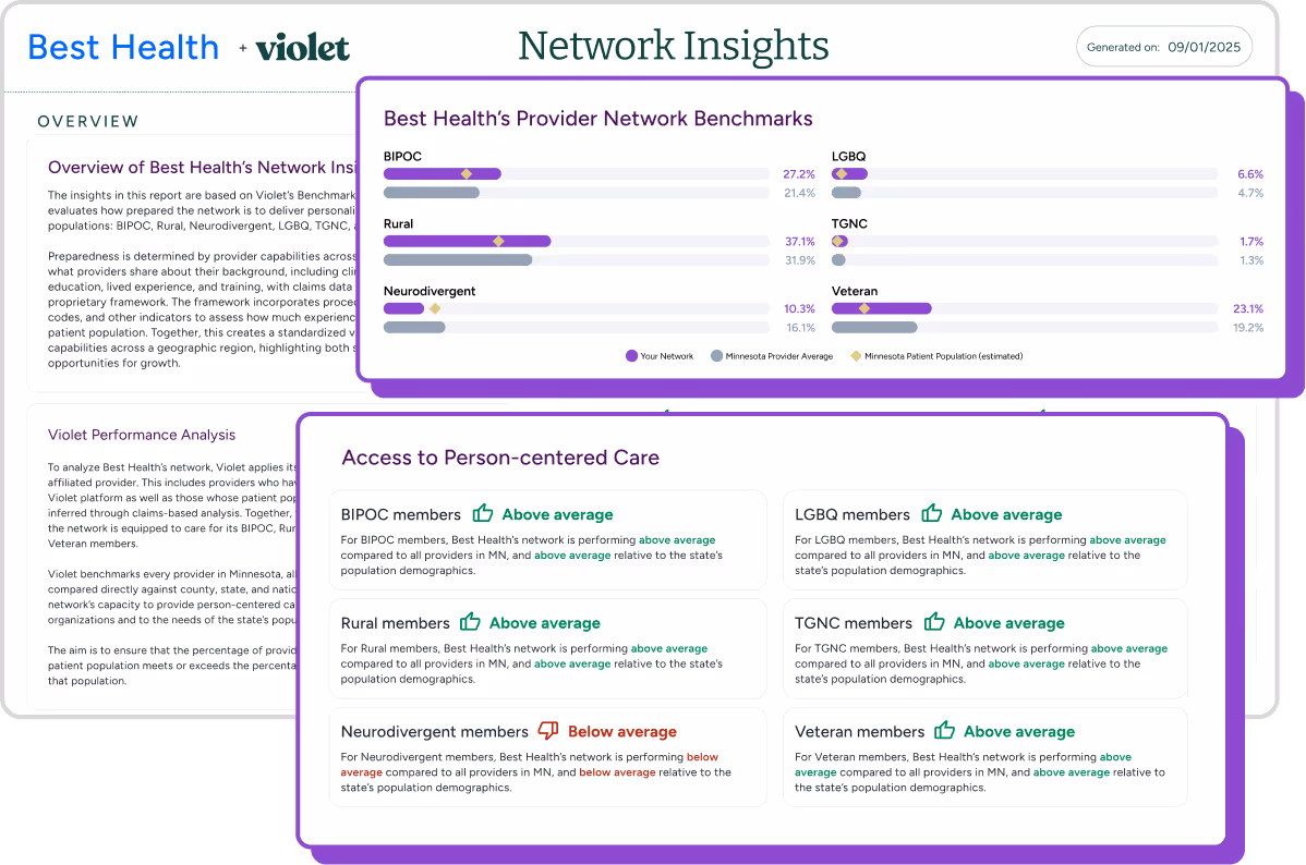 Best Health Network Insights report showing provider network benchmarks with bar charts comparing Your Network, Minnesota Provider Average, and Minnesota Patient Population for BIPOC, Rural, Neurodivergent, LGBQ, TGNC, and Veteran groups. Below, access to person-centered care ratings show BIPOC, Rural, LGBQ, TGNC, and Veteran members as above average, and Neurodivergent members as below average.