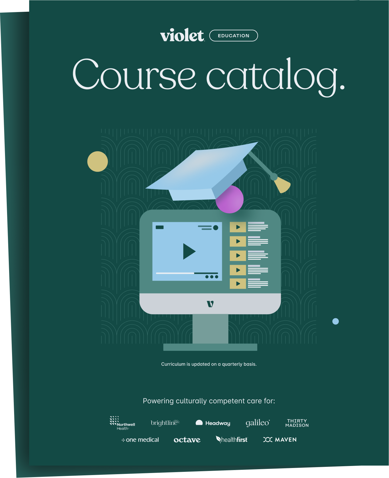 Violet Education course catalog cover featuring a computer screen with video play icons and a graduation cap above it.