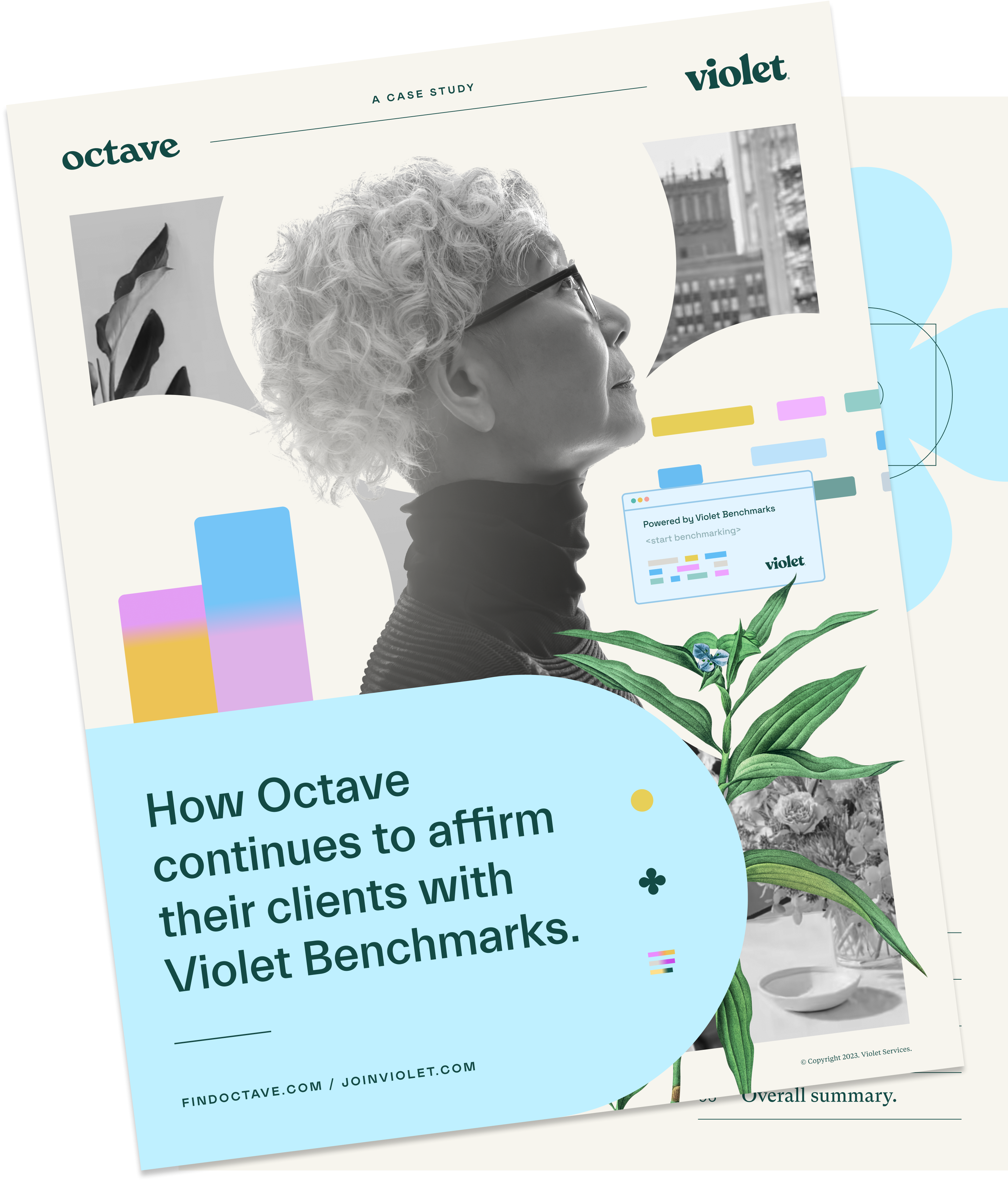 Case study cover showing a profile of an older woman with curly hair, colorful graphic bars, plant illustrations, and text about Octave affirming clients with Violet Benchmarks.