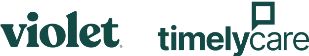 "violet." and "timelycare" logos displayed side by side with a square chat bubble icon above the 'e' in timelycare.