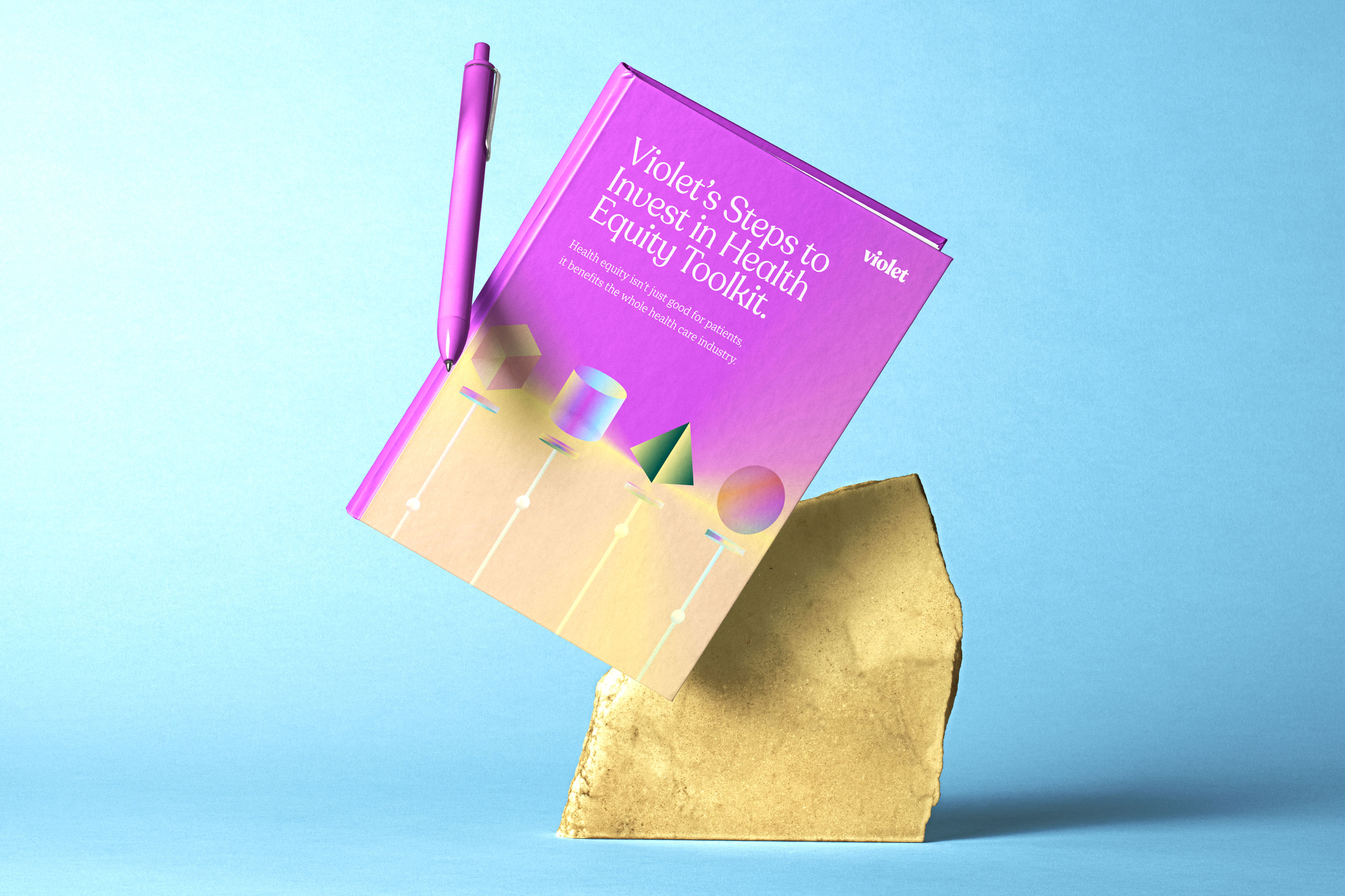 Purple and beige booklet titled 'Violet's Steps to Invest in Health Equity Toolkit' with colorful geometric shapes on cover, a purple pen, and a stone prop against a blue background.