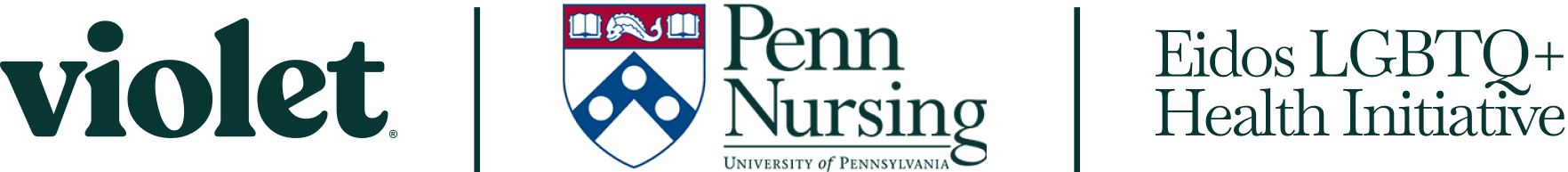 Logos of Violet, University of Pennsylvania Penn Nursing, and Eidos LGBTQ+ Health Initiative separated by vertical lines.