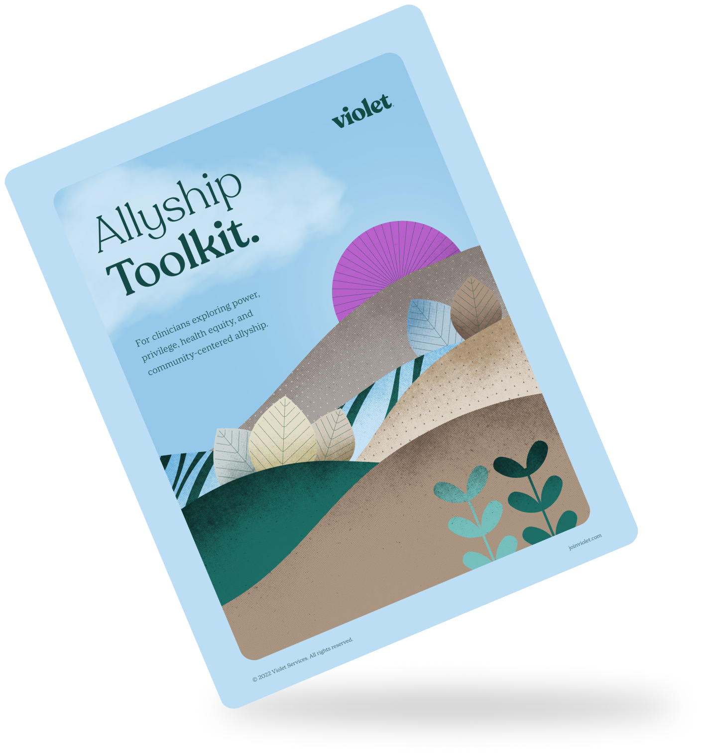 Cover of Allyship Toolkit by Violet with abstract hills, leaves, and a purple sun against a blue sky background.