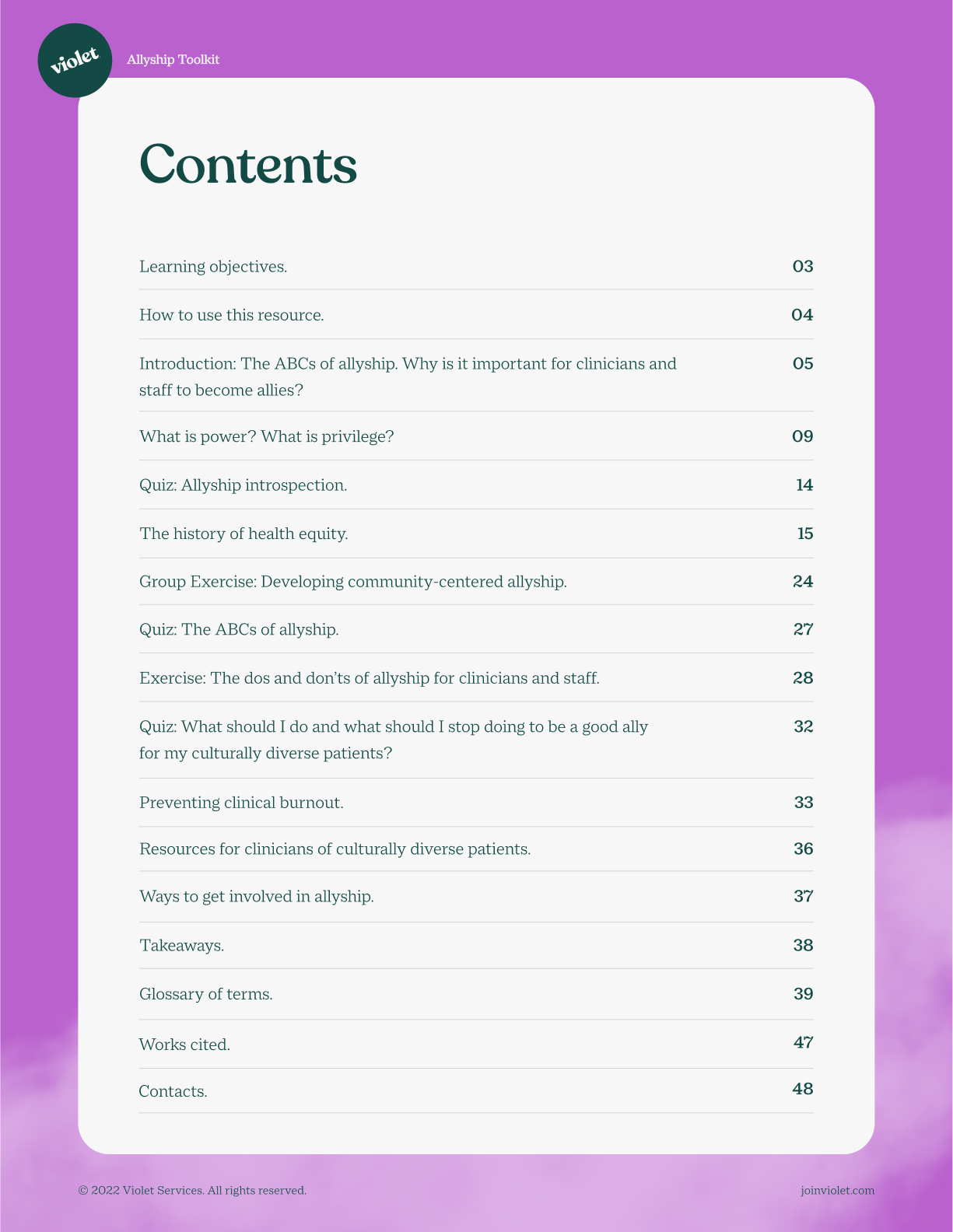 Table of Contents for an Allyship Toolkit listing topics and page numbers on allyship, power, privilege, health equity, quizzes, exercises, clinical burnout, and resources.