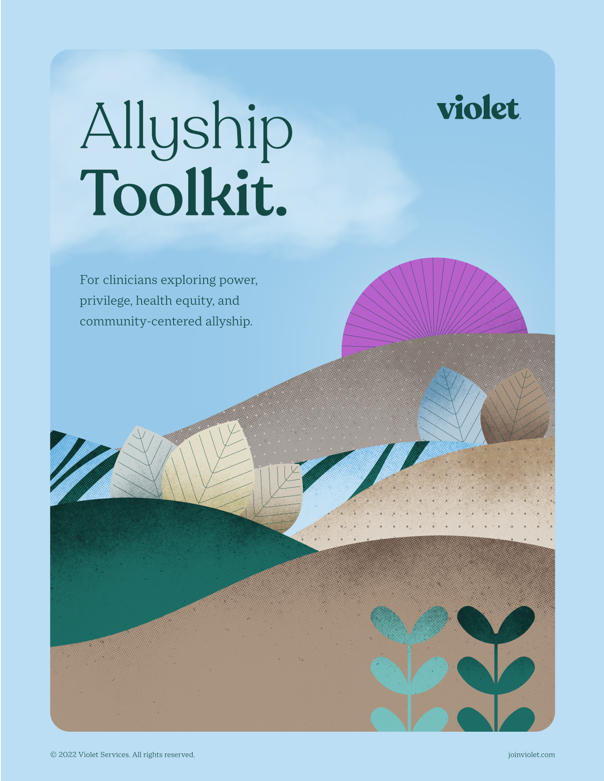 Cover page titled Allyship Toolkit for clinicians with abstract hills, leaves, and a purple sun against a blue sky background.